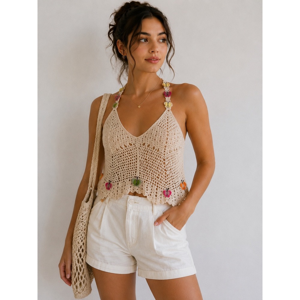 Rebellion Again Crochet Butterfly Halter Top Cream Cotton Boho Knit Large